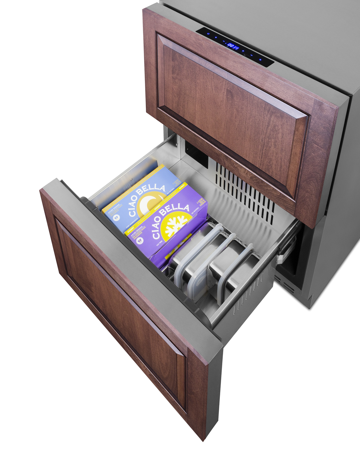 Commercially approved two-drawer refrigerator-freezer for built-in or freestanding use, with digital thermostat, frost-free operation, panel-ready drawer fronts, and complete stainless steel construction
